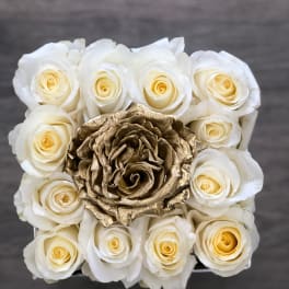 White roses surrounding a metallic gold rose centerpiece