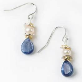 Pair of dangling earrings with blue teardrop beads and pearl accents