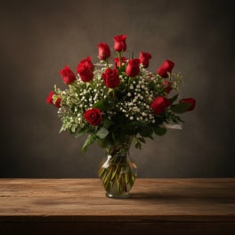 Make Em Jealous Arrangement of 18 Red Roses With Babies Breath