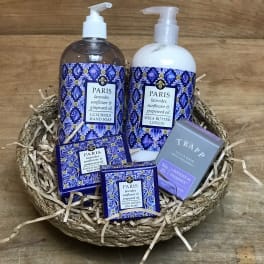 Gift basket with lavender soap, lotion, and a room fragrance box