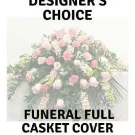 Pink and white funeral casket cover with mixed flowers