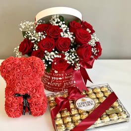 Red rose bouquet with baby’s breath, rose teddy bear, and Ferrero Rocher chocolates