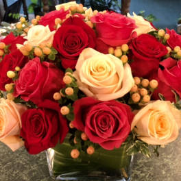 Compact arrangement of red and cream roses with peach berries in a clear glass cube vase