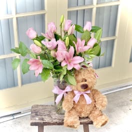 Pink Roses & Lily with Teddy Bear Bouquet