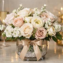 Blush and white rose bouquet in a glass vase with a ribbon