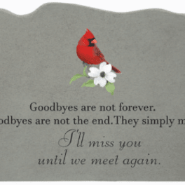 Gray memorial plaque with a red cardinal and white flower graphic