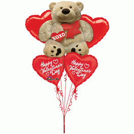 Teddy bear balloon bouquet with red heart balloons and Valentine messages