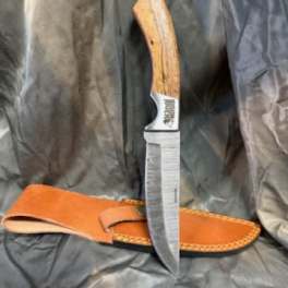 Fixed-blade knife with a wooden handle and leather sheath