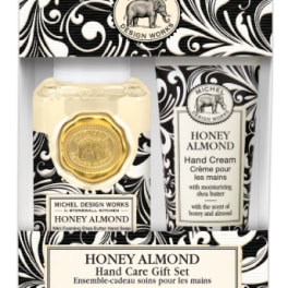 Honey almond hand care gift set in black-and-white patterned packaging