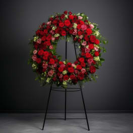 Large red rose wreath on a black easel