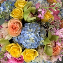 Colorful mixed bouquet with yellow and peach roses, blue hydrangeas, green orchids, protea and pink blooms.