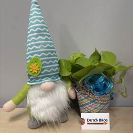 Potted green plant beside a plush gnome in a striped hat