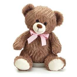 Brown teddy bear with a pink ribbon bow