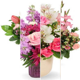 Mixed pink and purple flower arrangements in vases