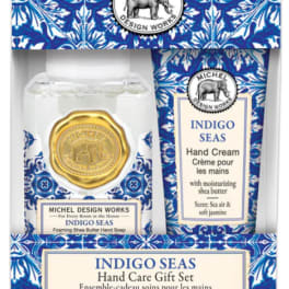 Hand care gift set with soap and cream in blue patterned packaging