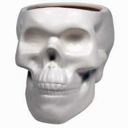 White skull-shaped ceramic planter with an open top