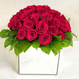 Red rose arrangement in a white square vase