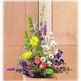 Tall mixed arrangement with yellow, white, purple, and orange flowers in a low black container