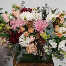 Large mixed bouquet with pink, white, and burgundy flowers