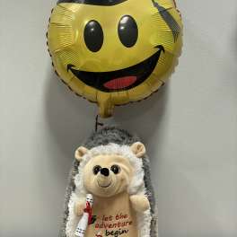 Smiley-face balloon above a plush hedgehog holding a diploma