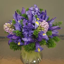 Round bouquet of purple irises and hyacinths with bright green filler in a clear glass vase