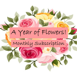 Floral subscription graphic with pink and yellow roses and text