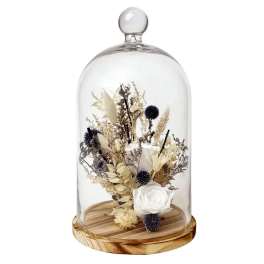 Dried floral arrangement under a glass cloche on a wooden base