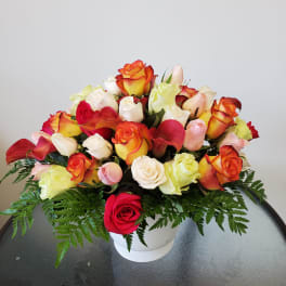 Mixed roses and calla lilies arranged in a white vase