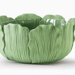 Green scalloped ceramic bowl with a textured petal-like exterior