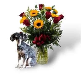 Bouquet of red roses and yellow sunflowers in a glass vase with a dog cutout