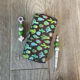Cactus-pattern wallet with matching beaded pen and keychain