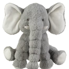 Gray plush elephant toy with large white ears and tusks