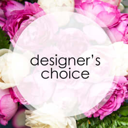 Pink and white flower bouquet with "designer's choice" text overlay