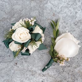White rose boutonniere and matching wrist corsage with dark green ribbon