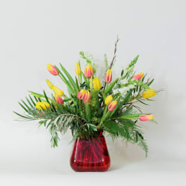 Yellow and pink tulips with white snapdragons and greenery in a red glass vase
