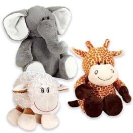 Three plush animal toys: an elephant, sheep, and giraffe