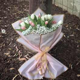 Bouquet of pink and white tulips wrapped in pink paper