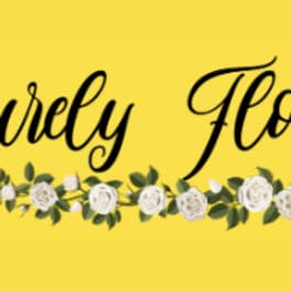 Yellow logo with the words Purely Floral and a floral garland