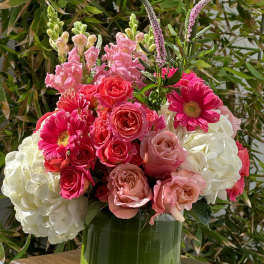 Pink roses and gerbera daisies in a clear glass vase with white hydrangeas