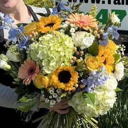 Handheld bouquet with sunflowers, roses, hydrangeas, and gerbera daisies