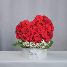 Red rose arrangement in a white round box with baby's breath