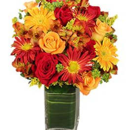 Bouquet of red and yellow flowers in a square glass vase