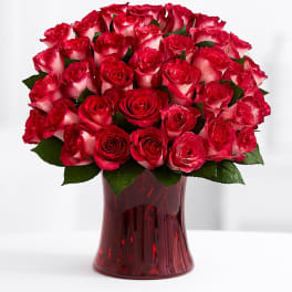 Bouquet of red roses in a red glass vase