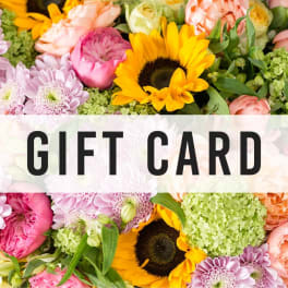 Gift card over a collage of colorful flowers