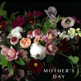 Mixed pink, white, and burgundy flowers arranged in a vase