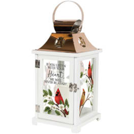 White lantern with cardinal and floral design and a metal handle