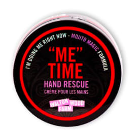 Round tin of hand cream with black and pink label