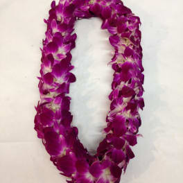 Purple orchid lei on a white background