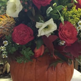Bouquet of red and white flowers arranged in a pumpkin container