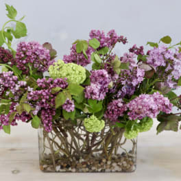 Pink and purple lilac arrangement in a clear glass vase